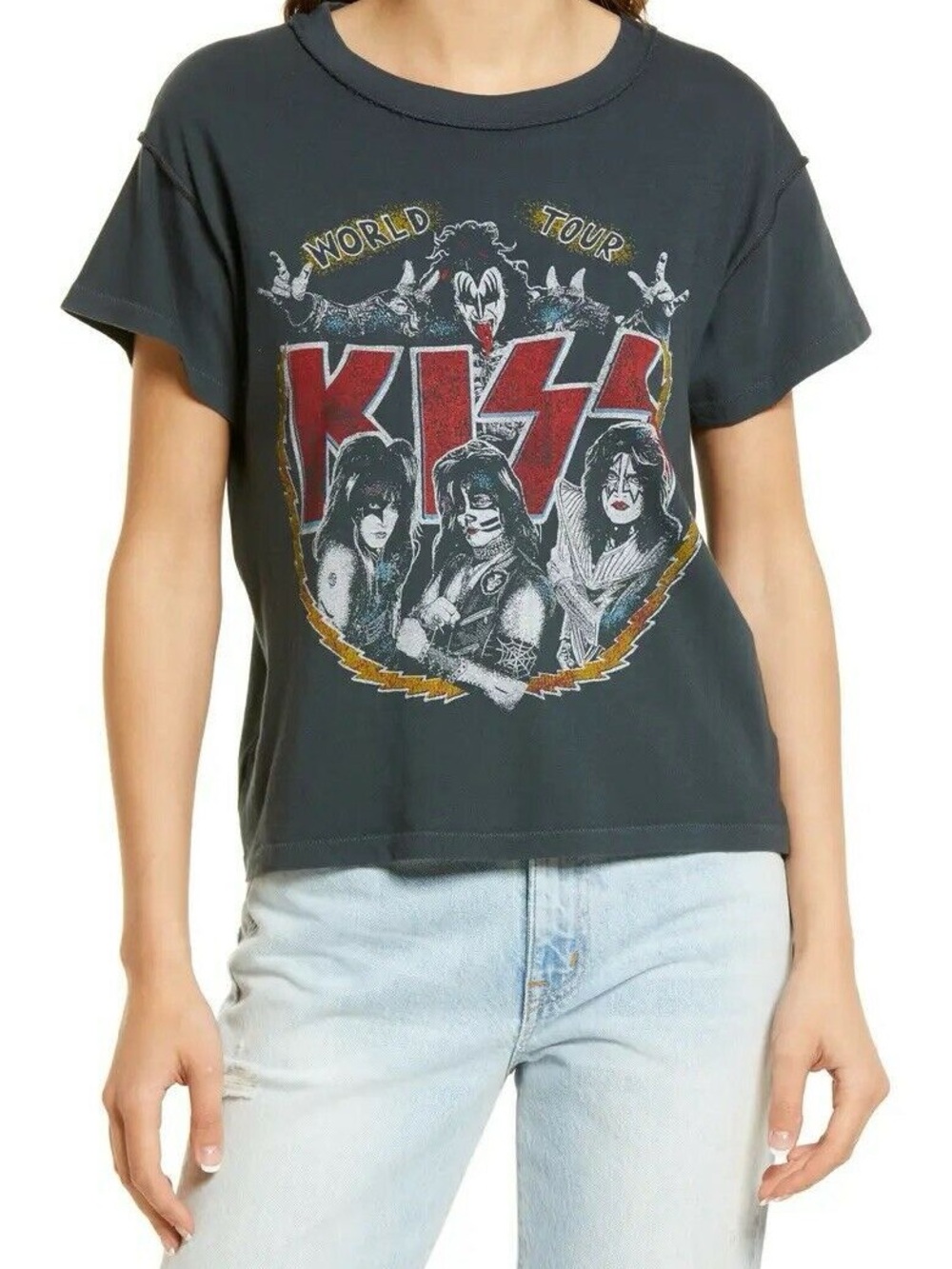 Daydreamer KISS Graphic Band Tee - Slate Blue with Red Logo - M